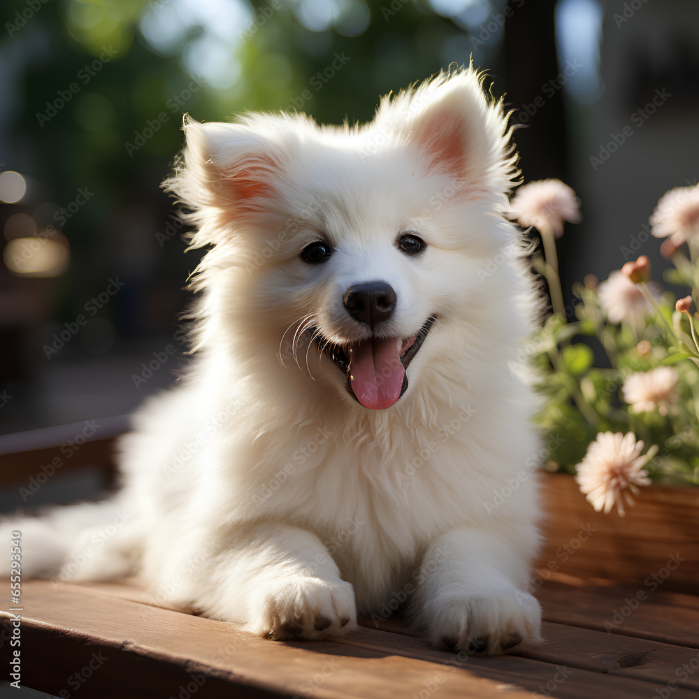 White puppy sticking out its tongue and smiling brightly