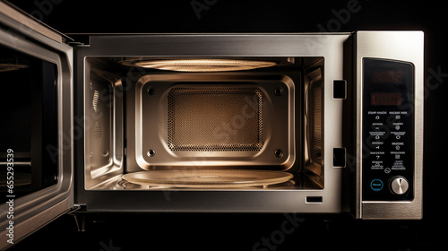 clean open microwave oven in a kitchen, close up cook equipment, quick cook preparation