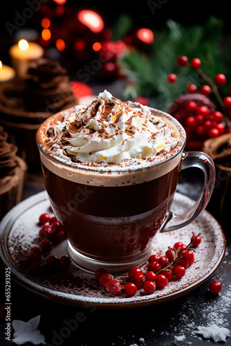 Cup of hot cocoa on the table in Christmas style. Cozy home winter evening concept.