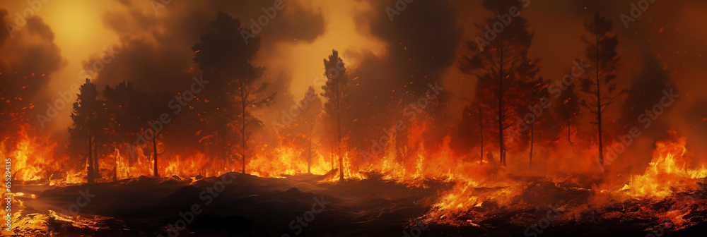 An entire forest is on fire. Symbol of global warming and increasing natural disasters An entire forest is on fire. Symbol of global warming and increasing natural disasters