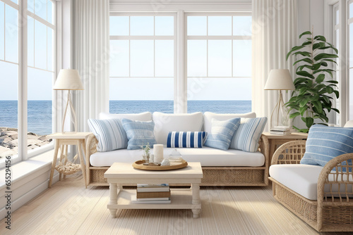 A coastal sunroom with white wicker furniture, blue and white striped cushions, beachy accessories, and a sea beach glass window view