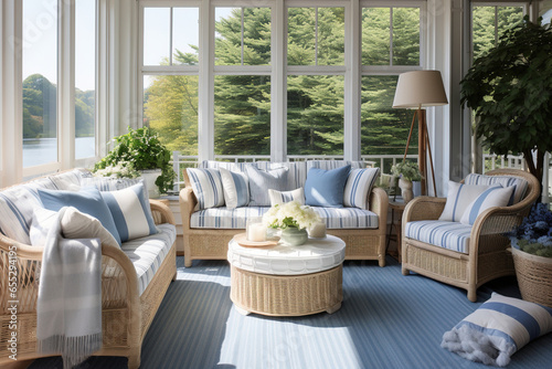 A coastal sunroom with white wicker furniture, blue and white striped cushions, beachy accessories, and a sea beach glass window view