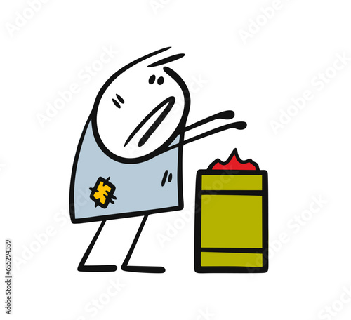 Beggar stickman warms his hands over a fire from a tin barrel. Vector illustration of a poor homeless and unemployed man trying to keep warm in winter.