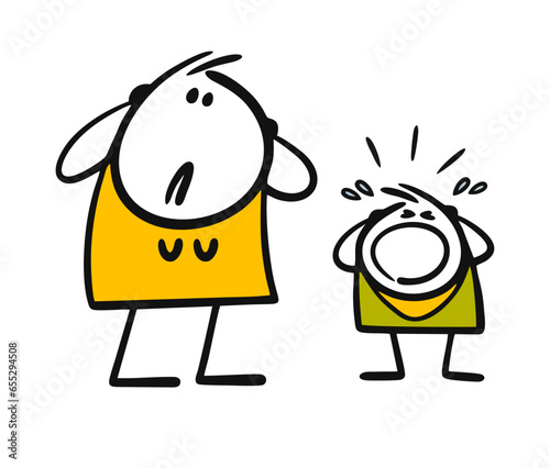 Cartoon female stickman covered her ears with her hands in horror, she does not hear her child yelling. Vector illustration of an upset mother looking at her son tantrum.