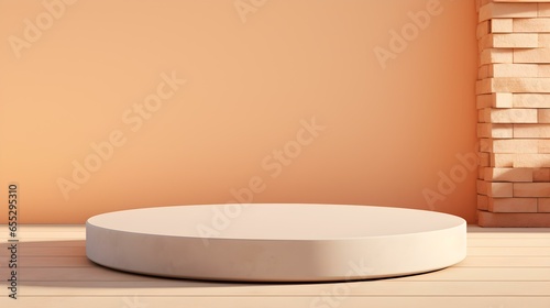 Round Stone Podium in front of a light orange Studio Background. White Pedestal for Product Presentation