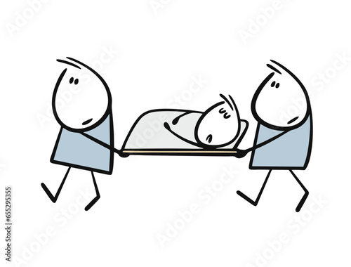Two nurses carry a stretcher with poor sick child. Vector illustration of the transportation of cartoon sick patient to the hospital.