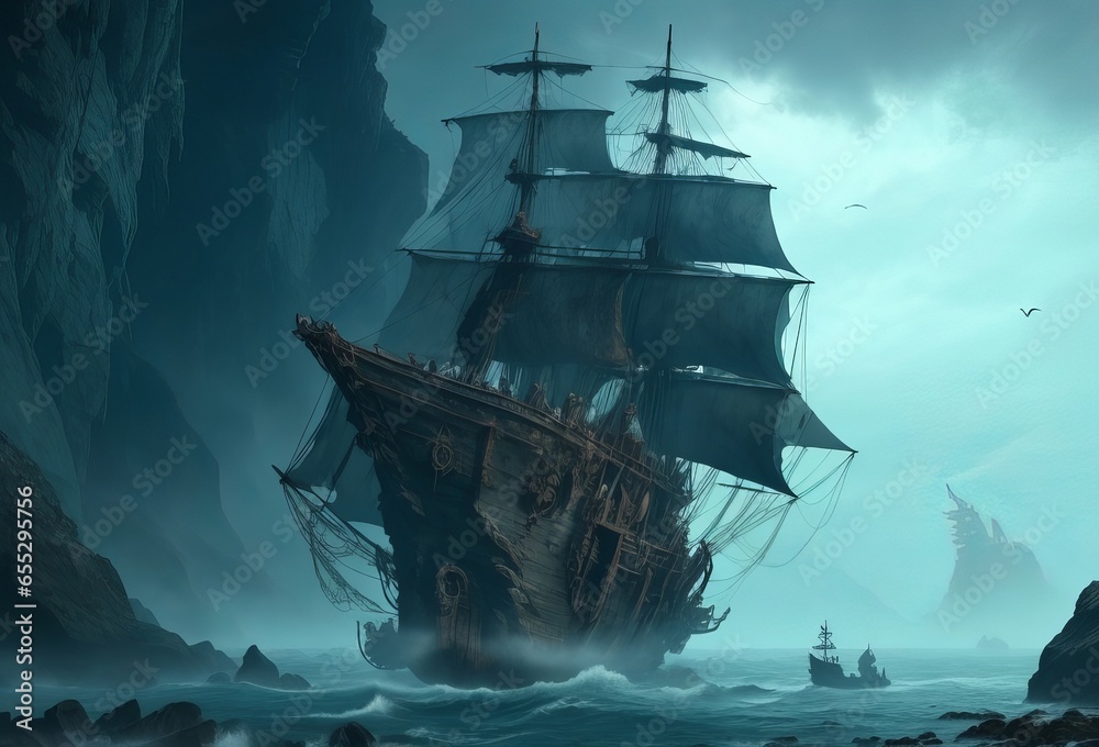 A spectral pirate ship its sails tattered and t