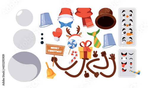 Cartoon Snowman Constructor Kit. Winter Personage Body Parts, Snow Balls, Hands, Face Emotions, Eyes, Nose And Mouth