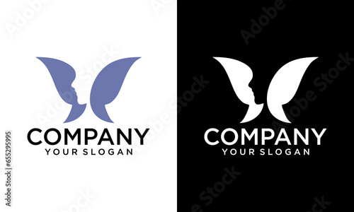 Woman's face in pink butterfly wings. Abstract design concept for beauty salon, spa, massage, cosmetic shop. Vector female logo template.