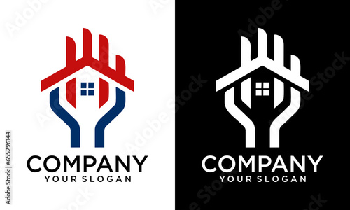 Abstract house hands logo design template. Premium real estate sign. Universal protection care home realty business vector icon. Negative space idea logotype