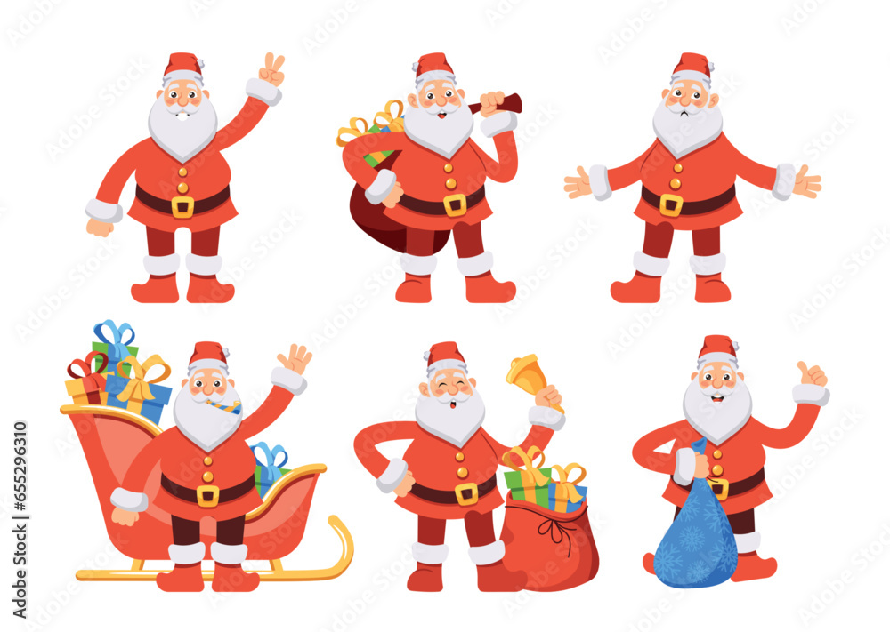 Cartoon Santa Claus Isolated Set. Jolly Bearded Christmas Character, Spreads Joy And Gifts To Children. Noel in Red Suit Cartoon Santa Claus Isolated Set. Jolly Bearded Christmas Character, Spreads Joy And Gifts To Children. Noel in Red Suit