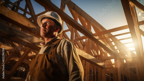 worker roofer builder working on roof structure on construction site. Construction Worker on Duty. Caucasian Contractor and the Wooden House Frame. Industrial Theme.