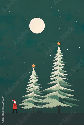 A minimalist and elegant Christmas card with Santa Claus and a Christmas tree. Concept: Merry Christmas