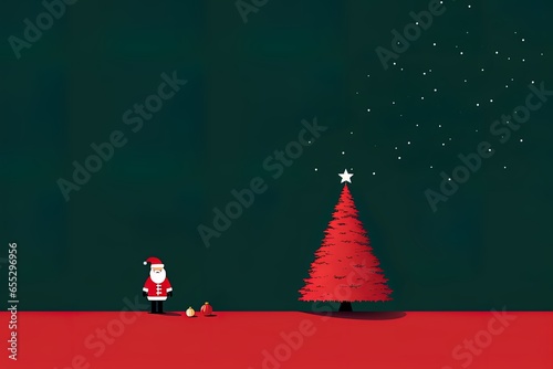 A minimalist and elegant Christmas card with Santa Claus and a Christmas tree. Concept: Merry Christmas