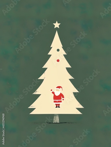 A minimalist and elegant Christmas card with Santa Claus and a Christmas tree. Concept: Merry Christmas