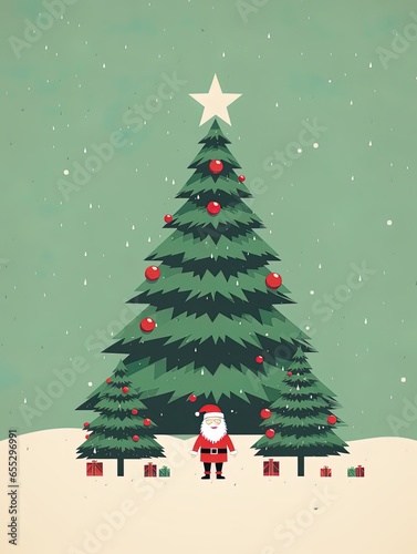 A minimalist and elegant Christmas card with Santa Claus and a Christmas tree. Concept: Merry Christmas