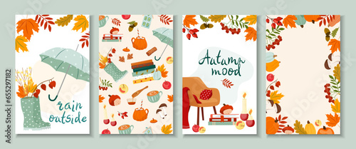 Hello autumn collection trendy cards with beautiful leaves. Cozy vector templates poster, invitation, card, flyer, cover, banner, placard, brochure, advertising. Set of cute fall illustration