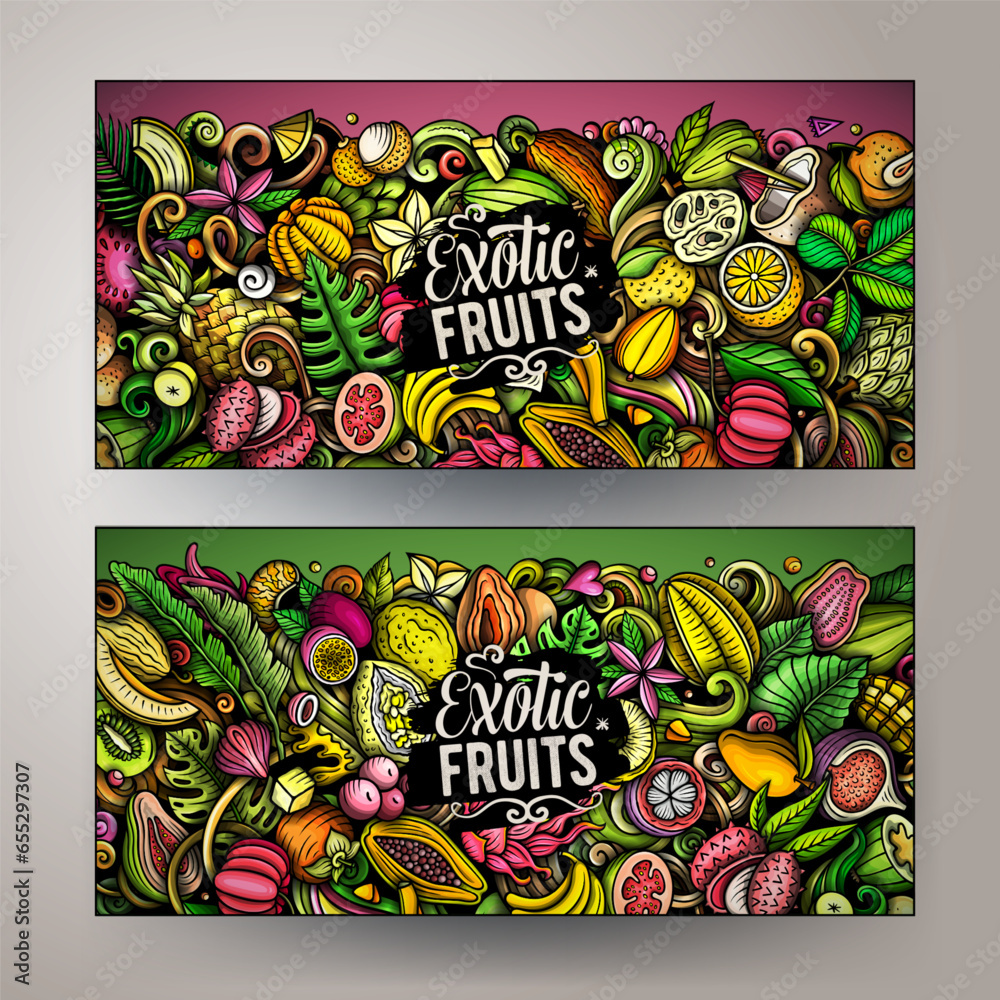 Cartoon vector doodle set of Tropical Fruits banners