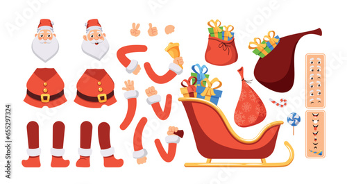 Cartoon Santa Claus Creation Kit. Father Noel Body Parts, Hands, Legs, Head, Gestures, Face Emotions, Sled With Gifts