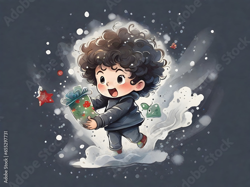 Sweet boy, surprised by a gift. watercolor illustration. Generative AI
