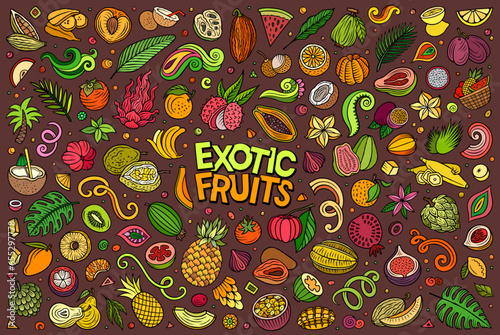Cartoon Exotic Tropical Fruits objects and symbols doodle set