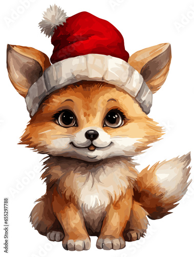 Christmas watercolor cartoon fox in a red Santa hat. © Chirus