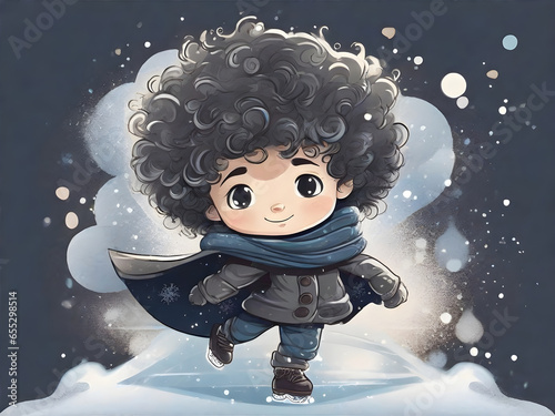 Cute boy in a cozy winter coat gracefully gliding on an ice rink. watercolor illustration. Generative AI