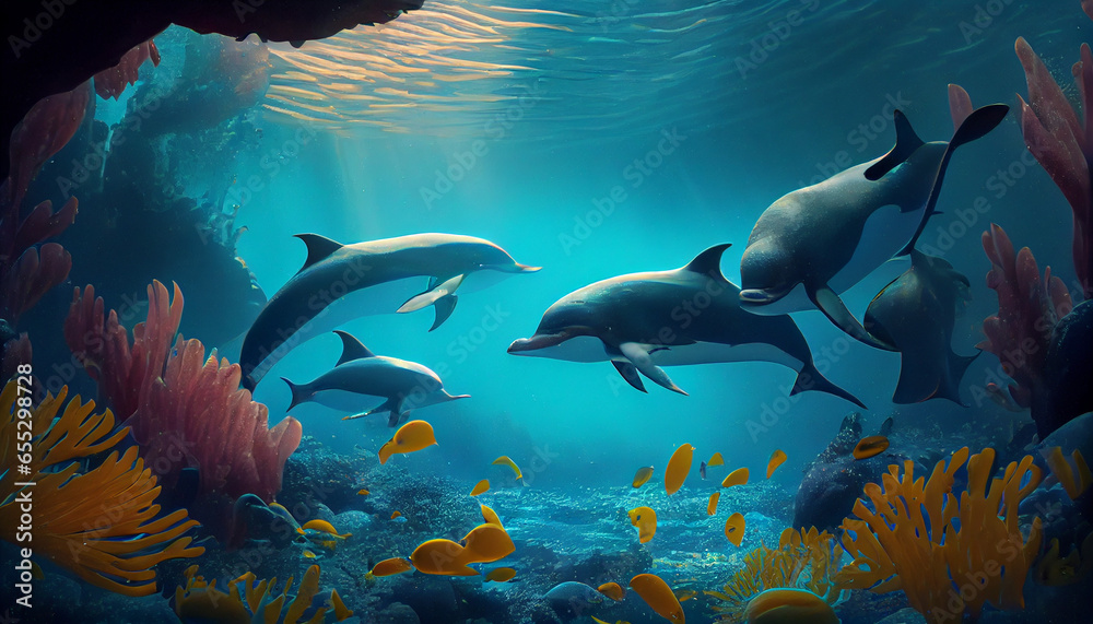 Obraz premium Group of dolphins in colorful underwater background, Ai generated image
