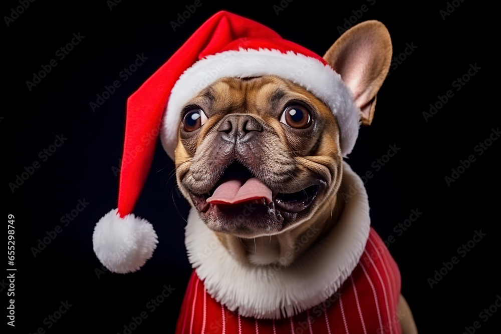 Сute pug dog with an open mouth in a funny Santa Claus costume. Isolated on black background. Template for Christmas banner or Christmas Card. Сute pug dog with an open mouth in a funny Santa Claus costume. Isolated on black background. Template for Christmas banner or Christmas Card.