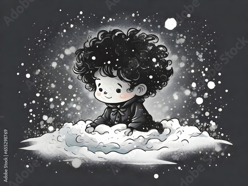 Cute boy lying in the snow, Watercolor illustration. Generative AI 