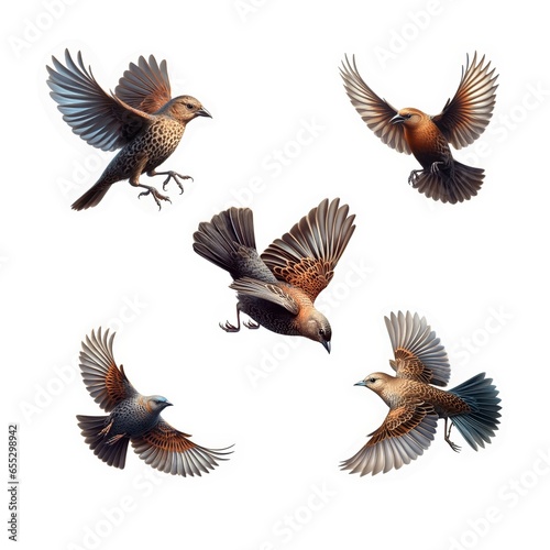 A set of flying Brown-headed Cowbirds isolated on a white background