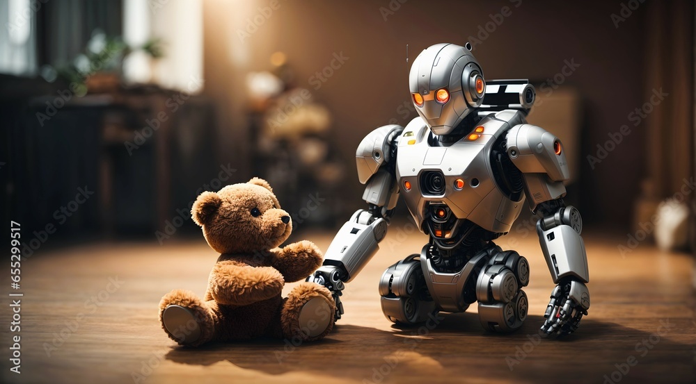 Robot plying with Teddy bear toy concept background, futuristic banner with copy space text me, template