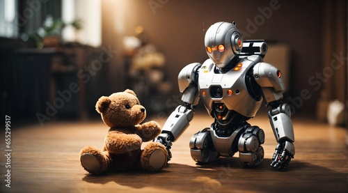 Obraz na płótnie Robot plying with Teddy bear toy concept background, futuristic banner with copy space text me, template w salonie