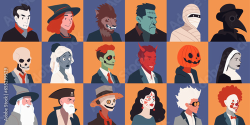 Autumn Festivity Concept, Creepy and Playful Halloween Character People Costume, Spooky and Trick-or-Treating Adventure for the Holiday, Vector Flat Illustration