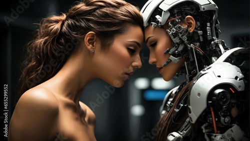 Robot and human interaction concept, relationship,, communicating, artificial intelligence background, banner with copy space text 