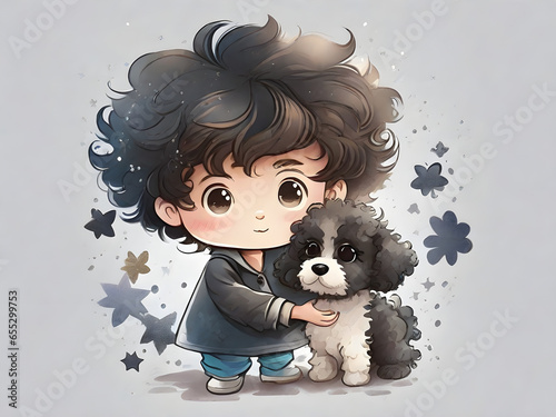 A young boy gets a surprise Christmas puppy, watercolor illustration. Generative AI