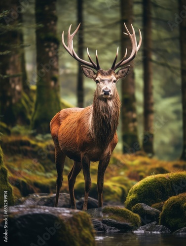 An antlered deer against a forest background
