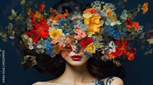 Portrait of Asian young woman with flowers on face, Abstract contemporary art collage
