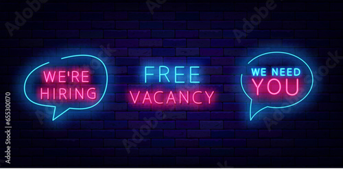 Free vacancy neon labels collection. We need you. Job searching design. Recruitment banner. Vector illustration