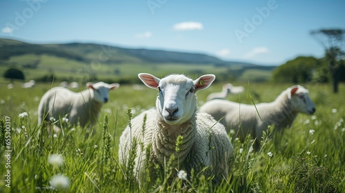 Sheep farm with green grass and clear sky photo