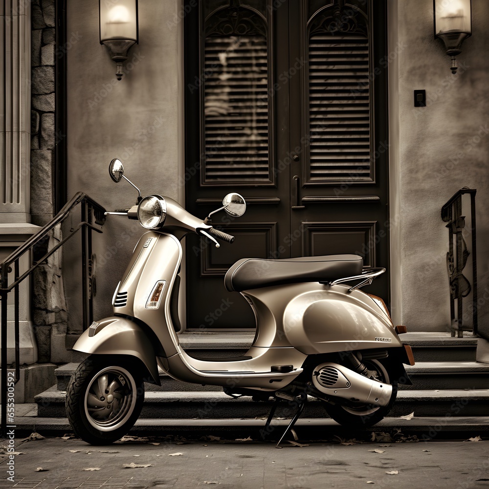 Vintage scooter stands in an alley. Post process in vintage styl