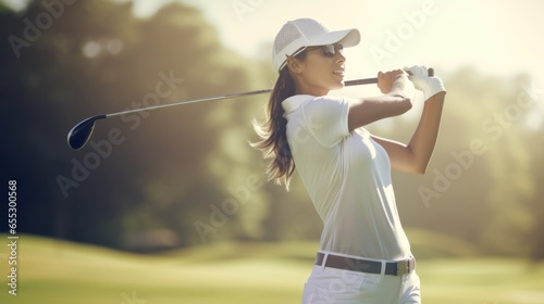 Beautiful professional woman golfer wearing sport wear in golf tournament on beautiful green course.