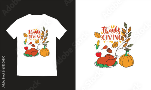 flat design Thanksgiving background with dried leaves, lettering, hand-drawn turkey