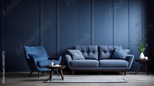 Dark blue sofa and recliner chair in scandinavian apartment, Interior design of modern living room, Generative AI