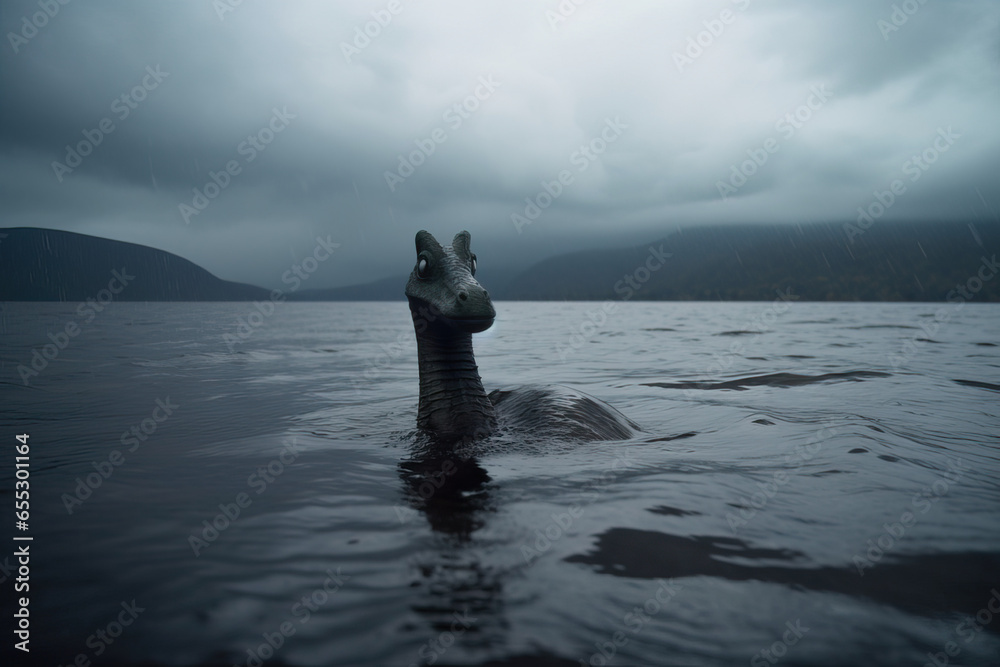 Loch Ness Monster pokes its head out of the loch lake, weird creature monster in water, rainy scotland dark landscape - obrazy, fototapety, plakaty 