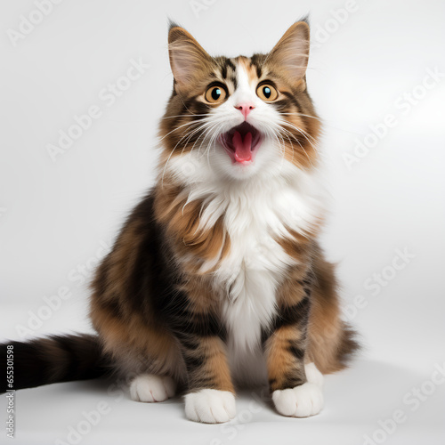 A cat screaming and looking surprised