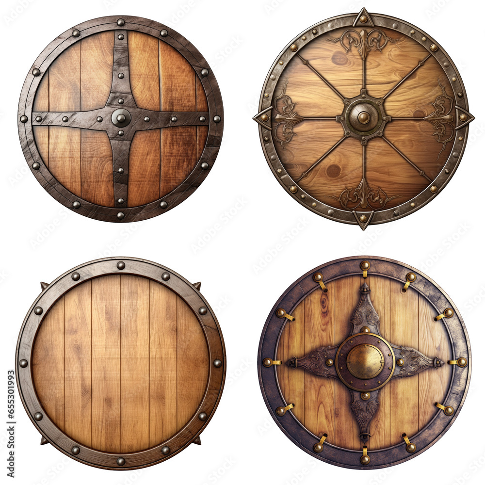 Round Wooden Shield Set Isolated on Transparent Background
 - obrazy, fototapety, plakaty 