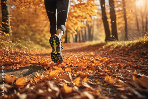 An athlete trail running through a forest path covered in autumn leaves