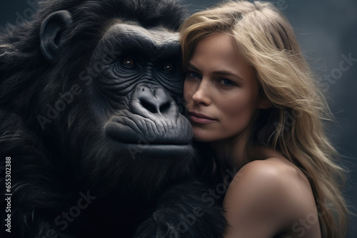 Image of beautiful woman and big gorilla expressing friendship. Animal. Illustration, Generative AI.