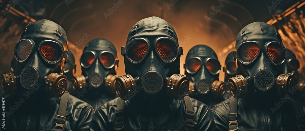 Gas-mask-wearing soldiers are depicted in a collage.. - obrazy, fototapety, plakaty 